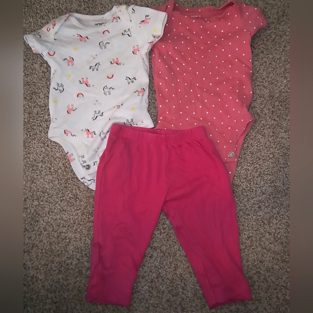 Carter's 3 Piece Unicorn/Polka Dot Onesie and Pants Size 3m